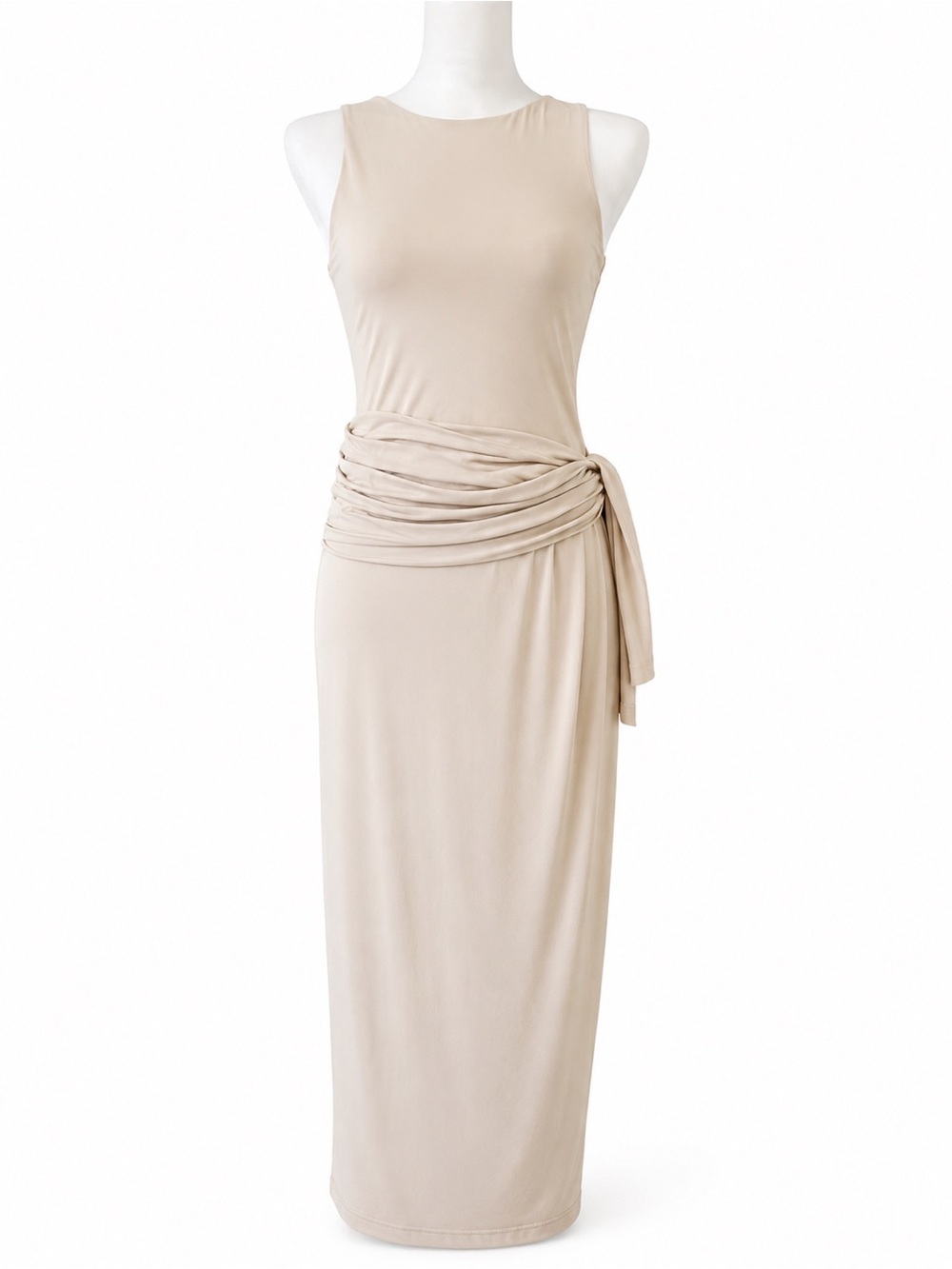 H&M Neutral Beige Sleeveless Maxi Dress with Draped Side Tie - Picture 1 of 7